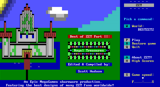 Best of ZZT (DOS) screenshot: The start of 'BestZZT2 world: Royal Treasures'