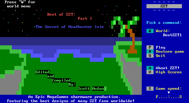 Best of ZZT (DOS) screenshot: The start of BestZZT1 world: The Secret Of Headhunter Isle.