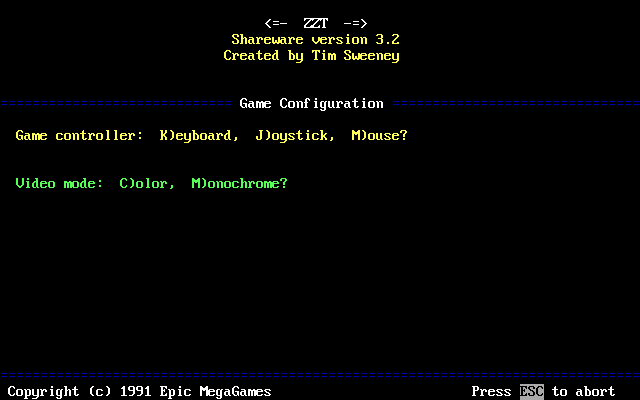Best of ZZT (DOS) screenshot: The game starts with a screen that asks about the player's machine and whether it has a colour monitor. It then moves on to this title screen
