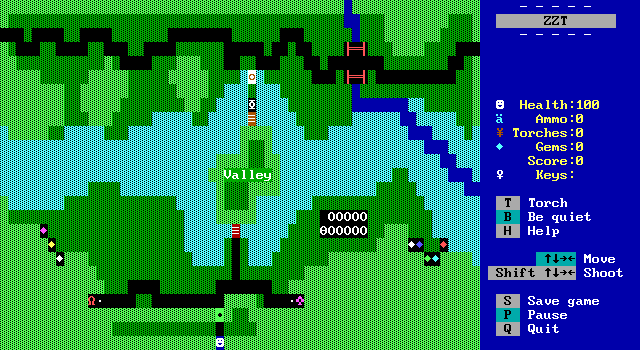 Best of ZZT (DOS) screenshot: Whenever a pathway leaves the screen it opens a new part of the game map. Here the player, the white face at the bottom of the screen, is blocked by a locked forest door