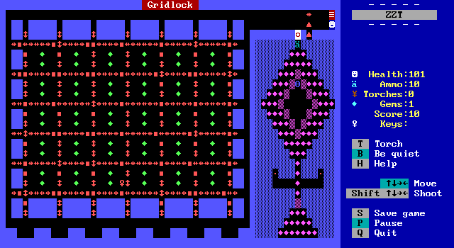 Best of ZZT (DOS) screenshot: Playing 'BestZZT2 world: Royal Treasures'. This game board 'Gridlock' is very easy to get trapped in. The game does warn players to save often in case of such eventualities