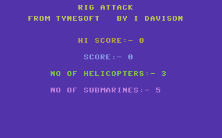 Rig Attack (Commodore 16, Plus/4) screenshot: Five subs to destroy