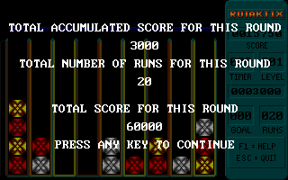 Rotaktix (DOS) screenshot: The scores at the end of a bonus round are the scores for the end of the level.