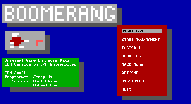 Boomerang (DOS) screenshot: The game's main menu. Note that playing in a maze is optional