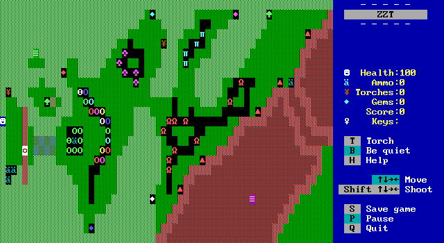 Best of ZZT (DOS) screenshot: Playing 'The Secret Of Headhunter Isle' Here the player, the white face at the left of the screen can collect a torch by moving upwards & ammo by moving down. Progress is blocked by a locked red door