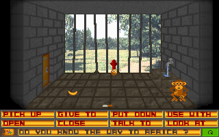 Best of Mega Games (DOS) screenshot: Runaway, which may not have been completed, used a mixture of photo realistic and cartoon graphics. It is a point and click adventure where the player helps the chimp escape to Africa