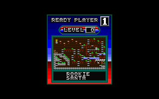 Jetpack: Christmas Special (DOS) screenshot: The first level has been completed and the rank of Rookie Santa has been achieved