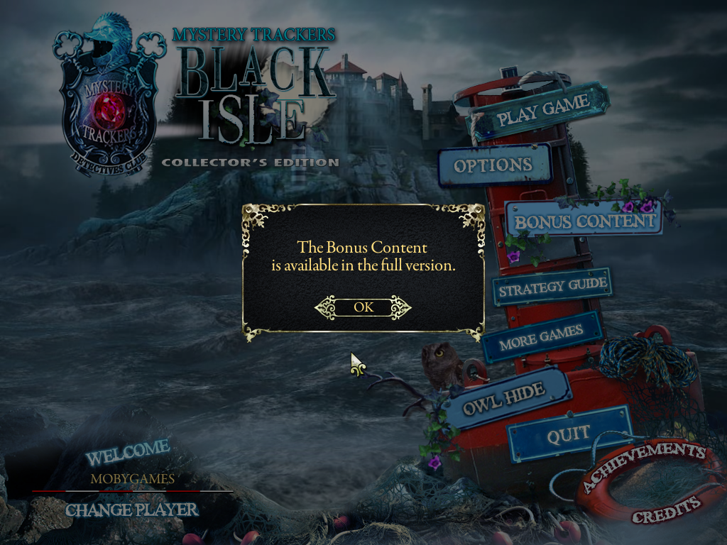 Mystery Trackers: Black Isle (Collector's Edition) (Windows) screenshot: Sadly, I cannot even see the Bonus Content menu unless I buy the full version.