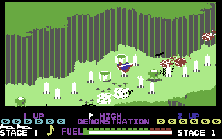 3-D Skramble (Commodore 64) screenshot: Fireballs to contend with.
