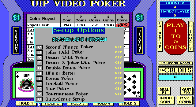 Video Poker Slot (DOS) screenshot: Selecting the Setup control (F3) brings up this menu which changes the game