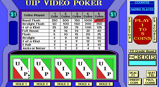 Video Poker Slot (DOS) screenshot: The game screen. Note that every control that the mouse can click also has an associated action key