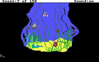 King's Quest (DOS) screenshot: Swimming into the water under the well. What's that Coke can doing down here?! (EGA/Tandy)