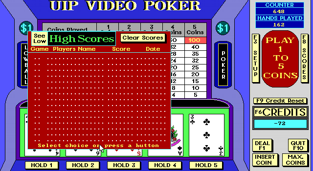 Video Poker Slot (DOS) screenshot: The game has a high score table but this is not available in the shareware version