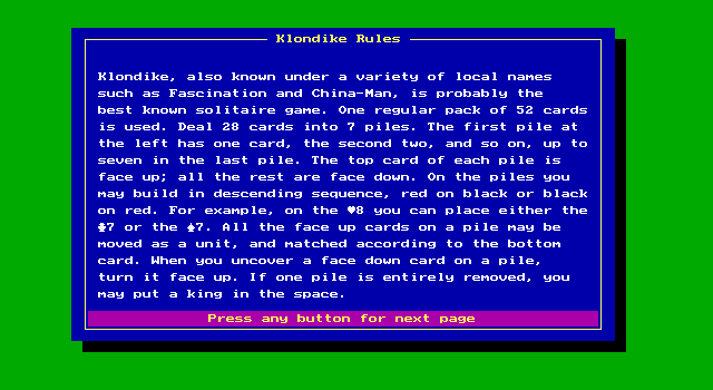 Klondike (DOS) screenshot: These are the in-game rules. There is much more information in the game's documentation file