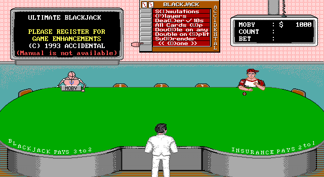 Ultimate Blackjack (DOS) screenshot: The central window is where all the game options are displayed and selected