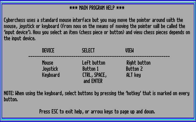 Cyberchess (DOS) screenshot: There is in-game help available and this is the first screen