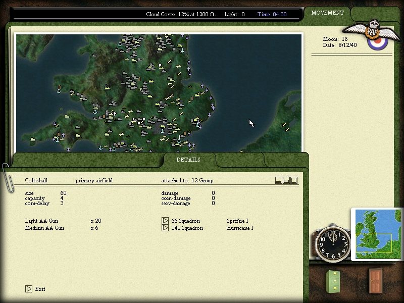 Battle of Britain (Windows) screenshot: Clicking on any map facilities will bring up information on its function, size, capacity, defences and damage status