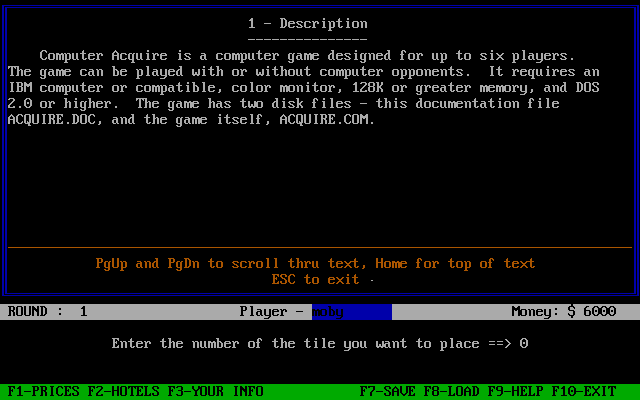 Acquire (DOS) screenshot: The bottom of the screen has a menu bar. pressing F9 brings up the game's help text