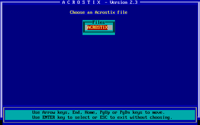Acrostix (DOS) screenshot: Puzzles are held in library files. This file is supplied with the game and contains twenty puzzles
