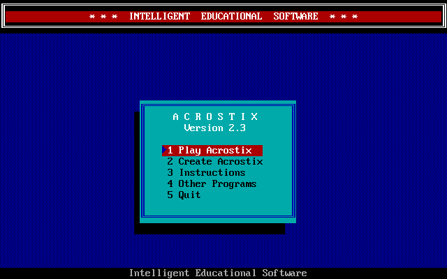 Acrostix (DOS) screenshot: The game's menu