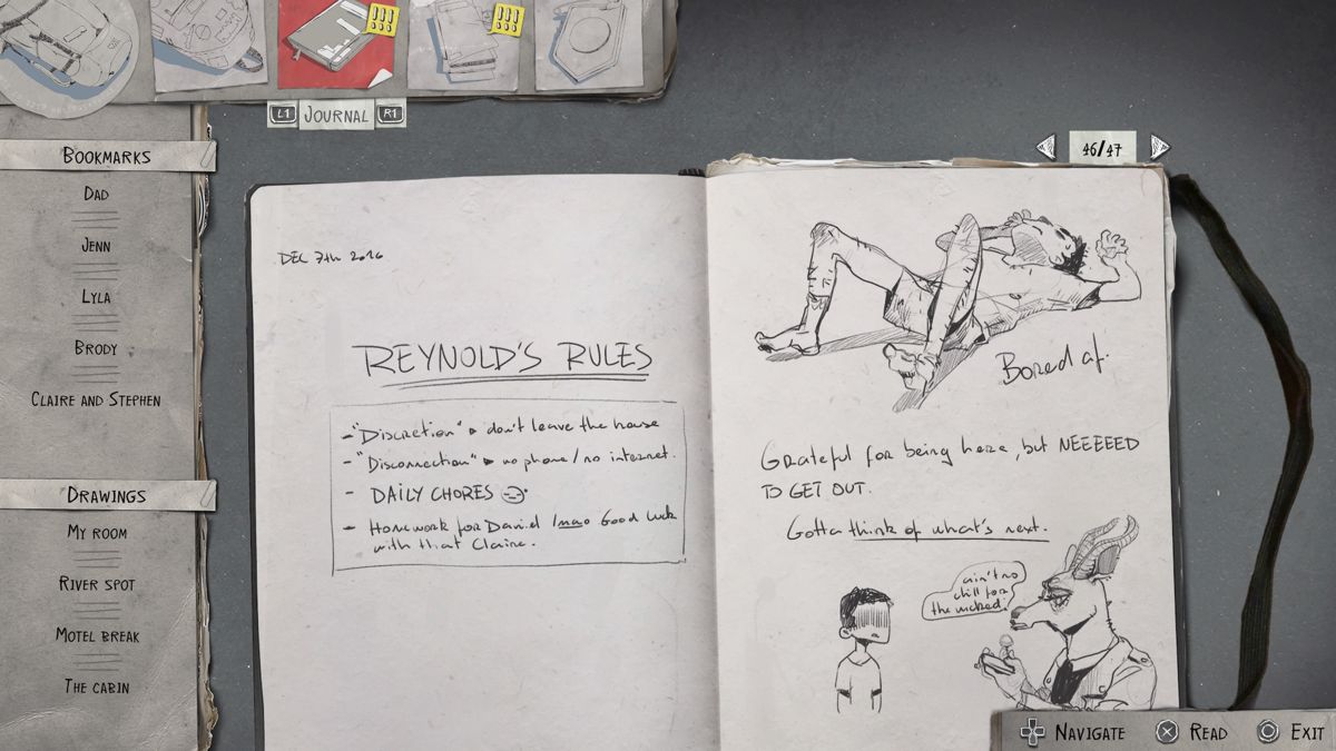 Life Is Strange 2: Episode 2 (PlayStation 4) screenshot: Sean keeps track of all the key events of the journey, as well as all his sketches, in his journal