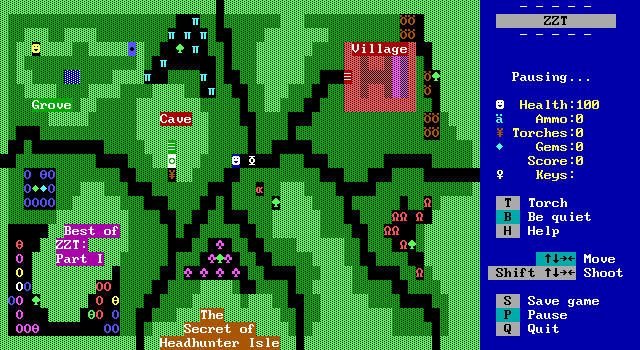 Best of ZZT (DOS) screenshot: The first screen of BestZZT1 world: The Secret Of Headhunter Isle.