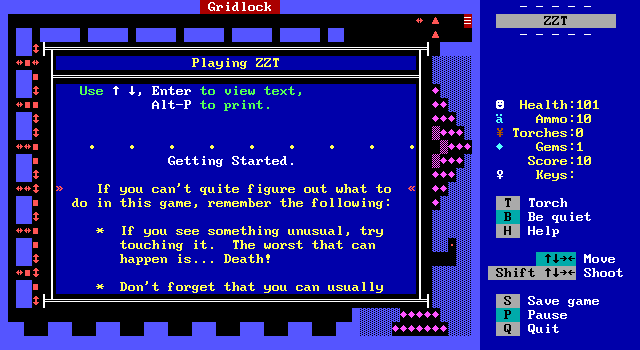 Best of ZZT (DOS) screenshot: Part of the game's help file. The most important bit of advice is SAVE OFTEN. As the text says, the worst that can happen is death!