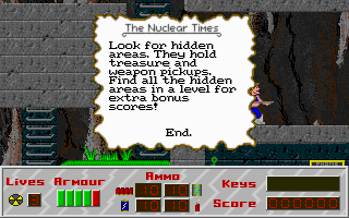 Mutant Earth (DOS) screenshot: Sometimes helpful messages like this can be chanced upon in the levels.