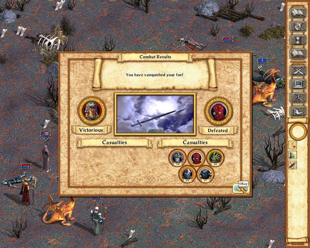 Heroes of Might and Magic IV: The Gathering Storm (Windows) screenshot: I've defeated the final campaign with no hero deaths. It's very important to neutralize the most threatening enemy stacks with spells (like Mind Control) early on.