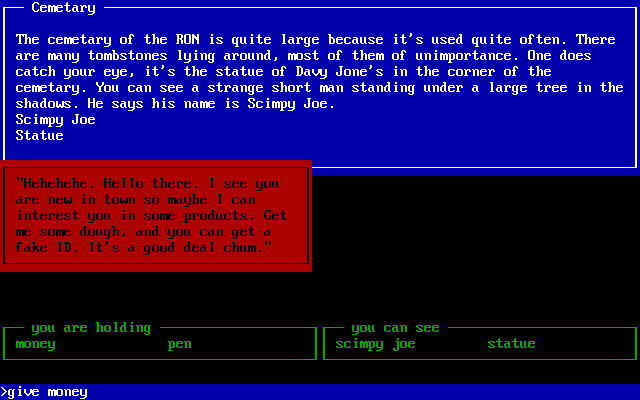 Strange Days (DOS) screenshot: Making a deal near the Davy Jones tomb at the cemetery