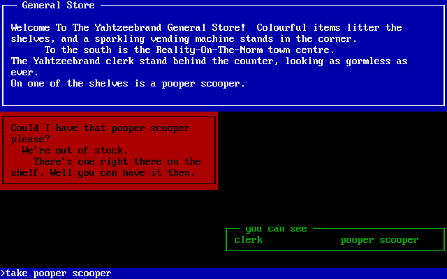 Scoop Da Poop (DOS) screenshot: Talking to the clerk of the Yahtzeebrand store