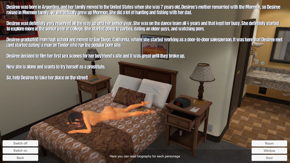 Boobs 'Em Up (Windows) screenshot: Desiree is the only playable character in the base game, this is her biography. While the player reads this she practices oral sex on a dildo