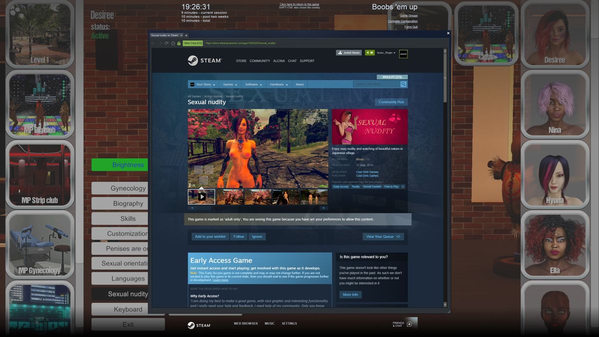 Boobs 'Em Up (Windows) screenshot: The main menu's 'Sexual Nudity' option opens up yet another STEAM purchase option