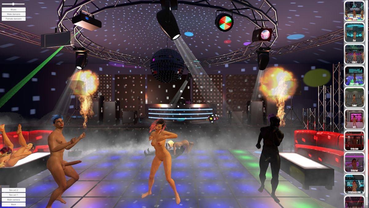 Boobs 'Em Up (Windows) screenshot: Dancing in the club.<br>The player can change the gender of the two other dancers<br>Behind Desiree and over on the left two sex acts are being performed, these can be viewed in close up