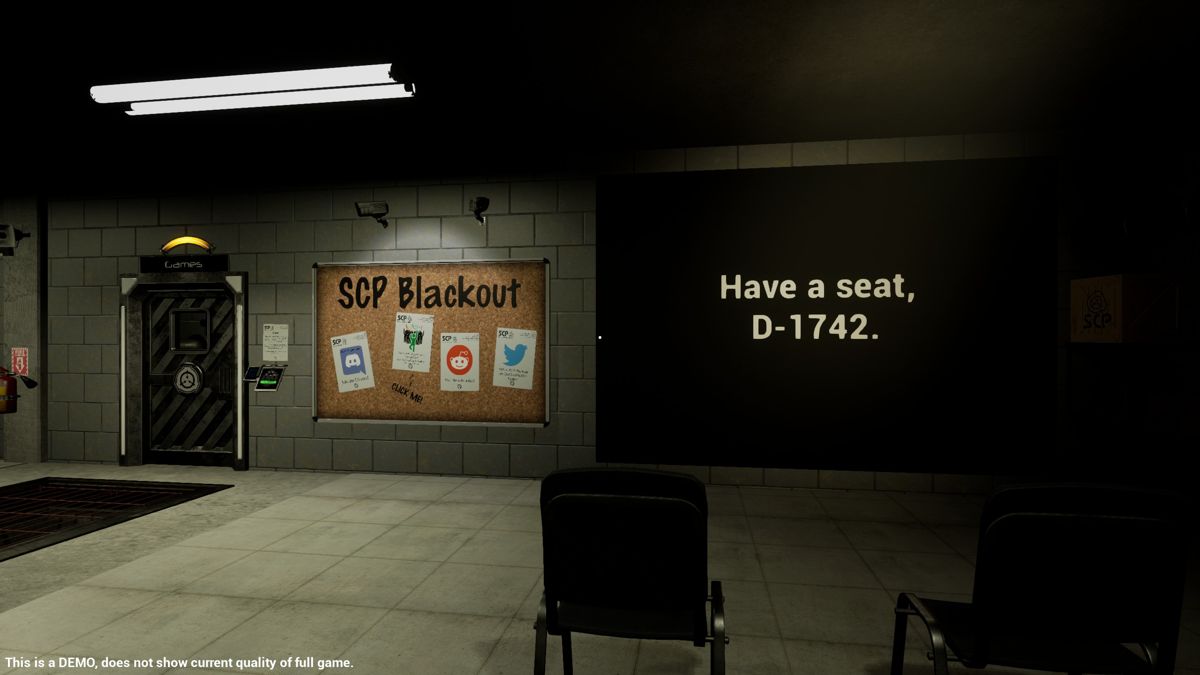SCP: Blackout (Windows) screenshot: The new player sits in a chair and is taken through an induction process. The notices on the corkboard open links to the game's website.<br>Demo version