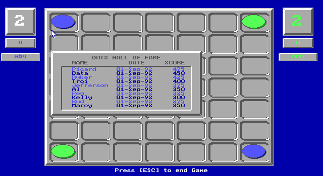 Dots (DOS) screenshot: This shows the high score table