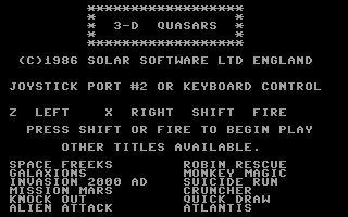 3D Quasars (Commodore 16, Plus/4) screenshot: Title Screen