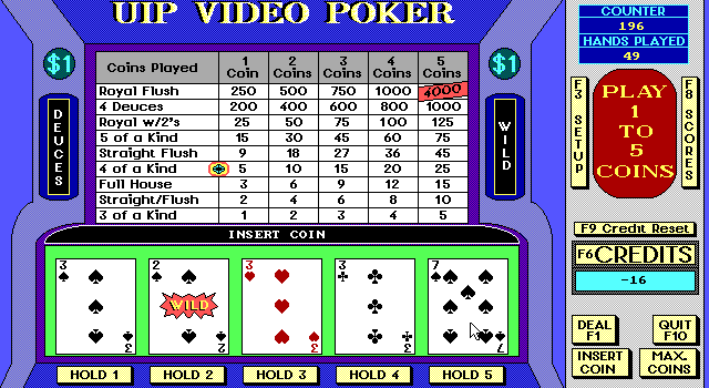 Video Poker Slot (DOS) screenshot: Here the game has been changed to Deuces Wild which is shown by the vertical black & white columns either side of pay-out table