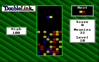 DoubleLink (DOS) screenshot: The start of a game on the highest difficulty setting. Lots more meanies to get rid of