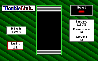DoubleLink (DOS) screenshot: When the player finishes a level the game plays a little tune and plays a little 'venetian blind' like animation as it clears the board