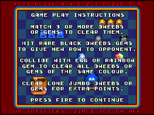 Dweebs Drop (ZX Spectrum Next) screenshot: In-game instructions.