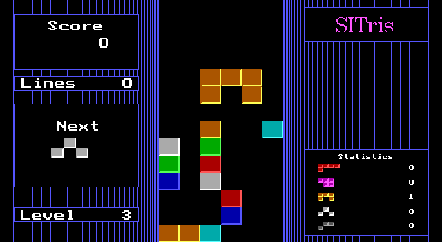 SITris (DOS) screenshot: This game uses large blocks, the 'Insane!' block set, and starting level three. Note the different tile set in the lower right window