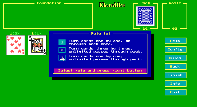 Klondike (DOS) screenshot: There are two configuration screens. This one affects the game's rules, the other specifies whether the game automatically uses the mouse and displays the help file