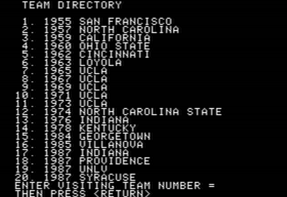 Pure-Stat College Basketball (Apple II) screenshot: Choosing Teams to Compete