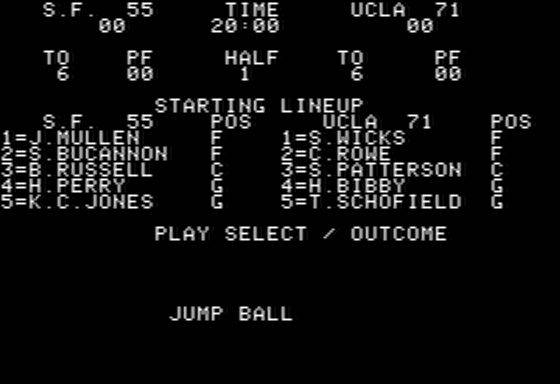 Pure-Stat College Basketball (Apple II) screenshot: Jump Ball
