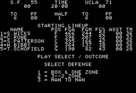 Pure-Stat College Basketball (Apple II) screenshot: My Defense