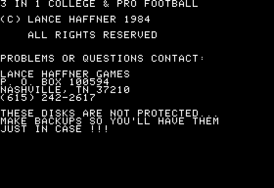 3 in 1 College & Pro Football (Apple II) screenshot: Title Screen