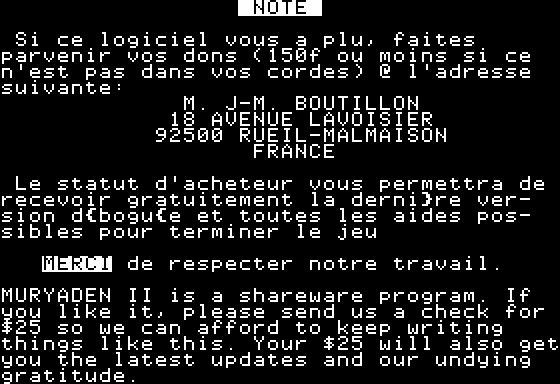 Muryaden II (Apple II) screenshot: It's Shareware