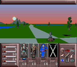 Drakkhen (SNES) screenshot: This is real internal clock. When we were approaching crossroads, the sun set behind the mountains