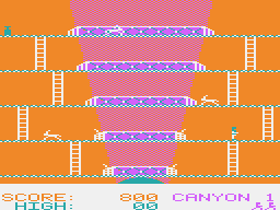 Canyon Climber (PC-6001) screenshot: Level 1 - already set bombs on the sides of two bridges